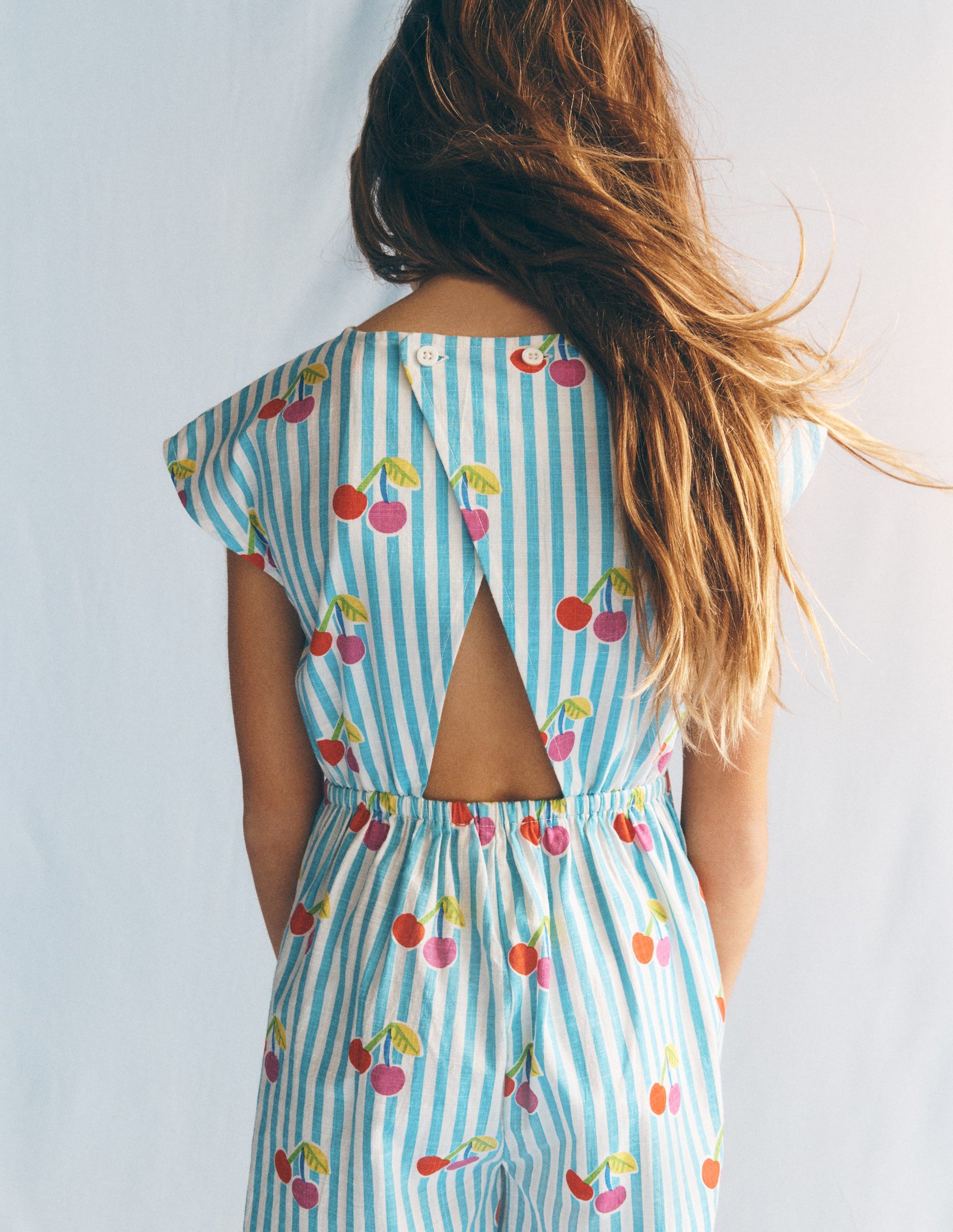 Gewebter Jumpsuit mit Bindegürtel-Blau Kirsche Streifen-4