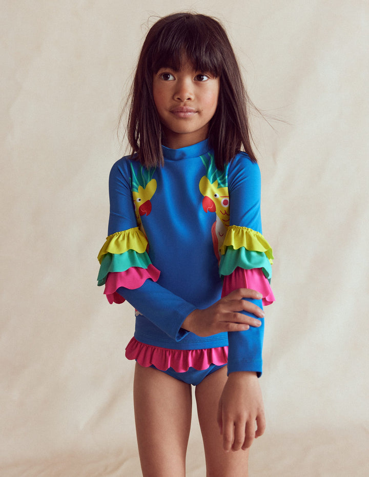 Badeshirt-Set mit Applikation-Azurblau Papageien