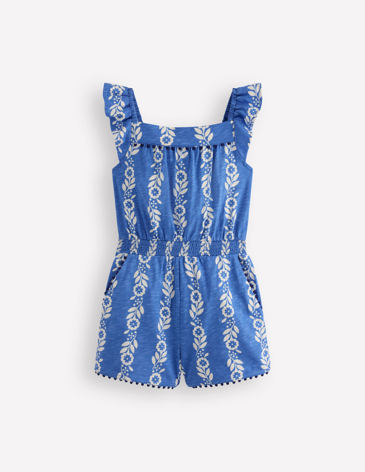 Ciara Jersey-Spielanzug mit Bommelbesatz-Blau Geblümt-3