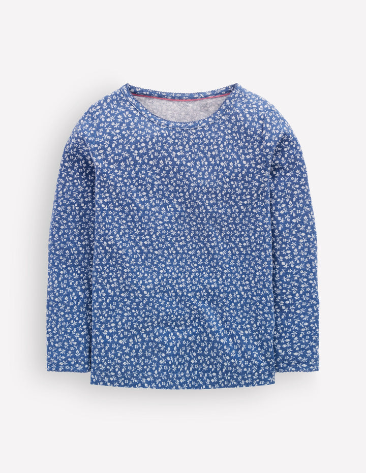 Top manches longues en pointelle-Petites fleurs geai bleu