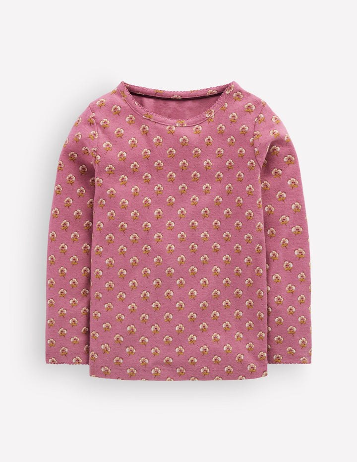 Top manches longues en pointelle-Motif floral rose bruyère