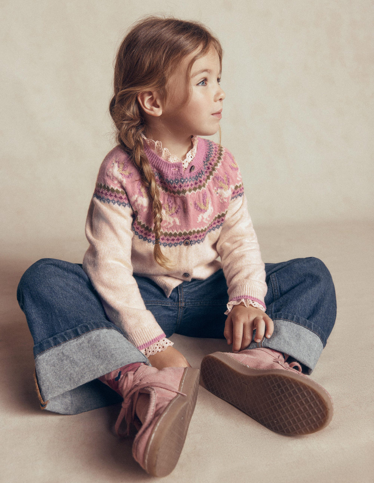 Edie Fair-Isle-Strickjacke-Haferbeige Meliert Pegasus - Image 1