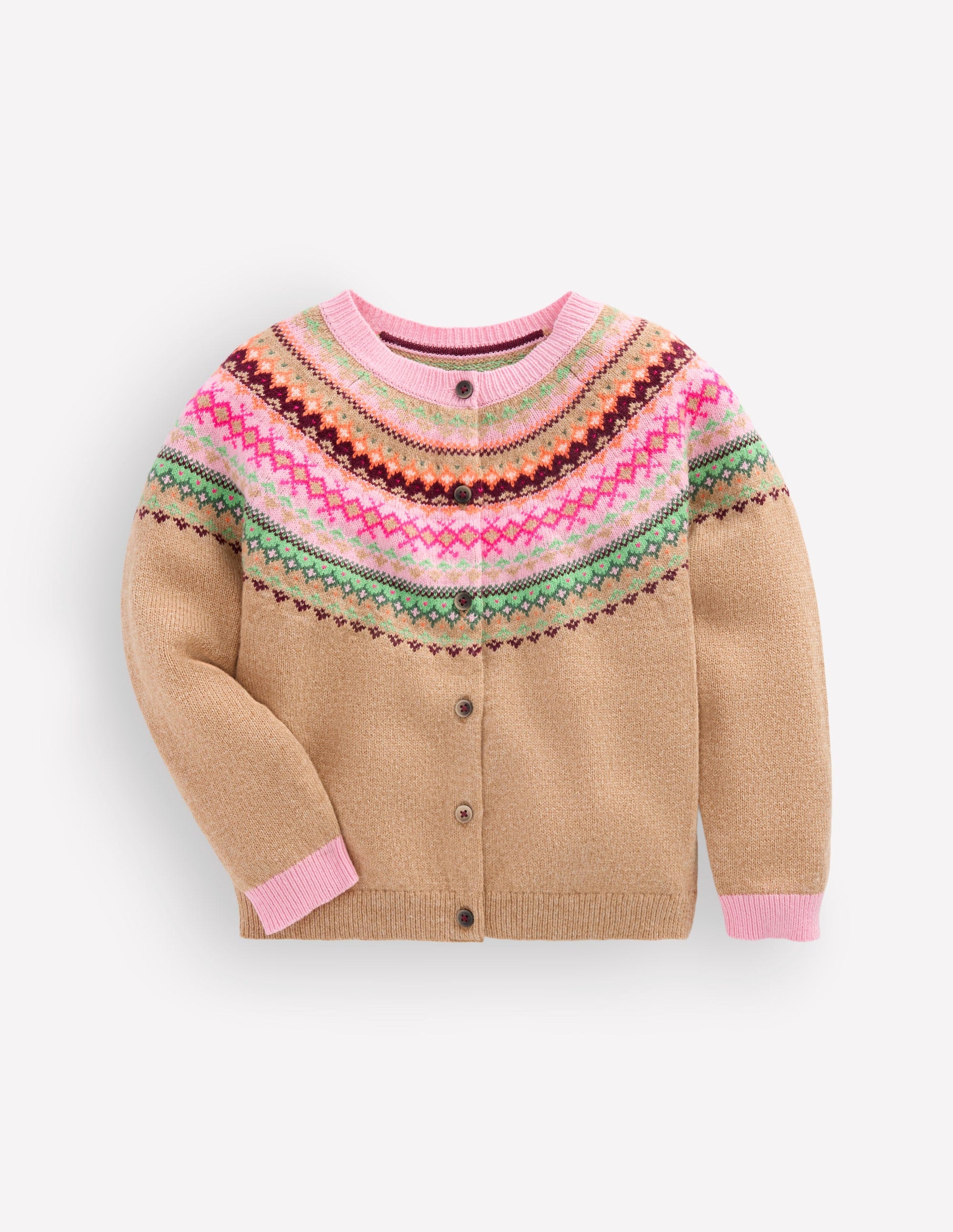 Edie Fair-Isle-Strickjacke-Camel Bunt Passe-4
