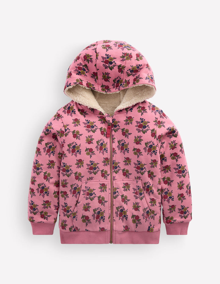 Sweat à capuche réversible en borg-Motif Sprouting Garden rose poudré