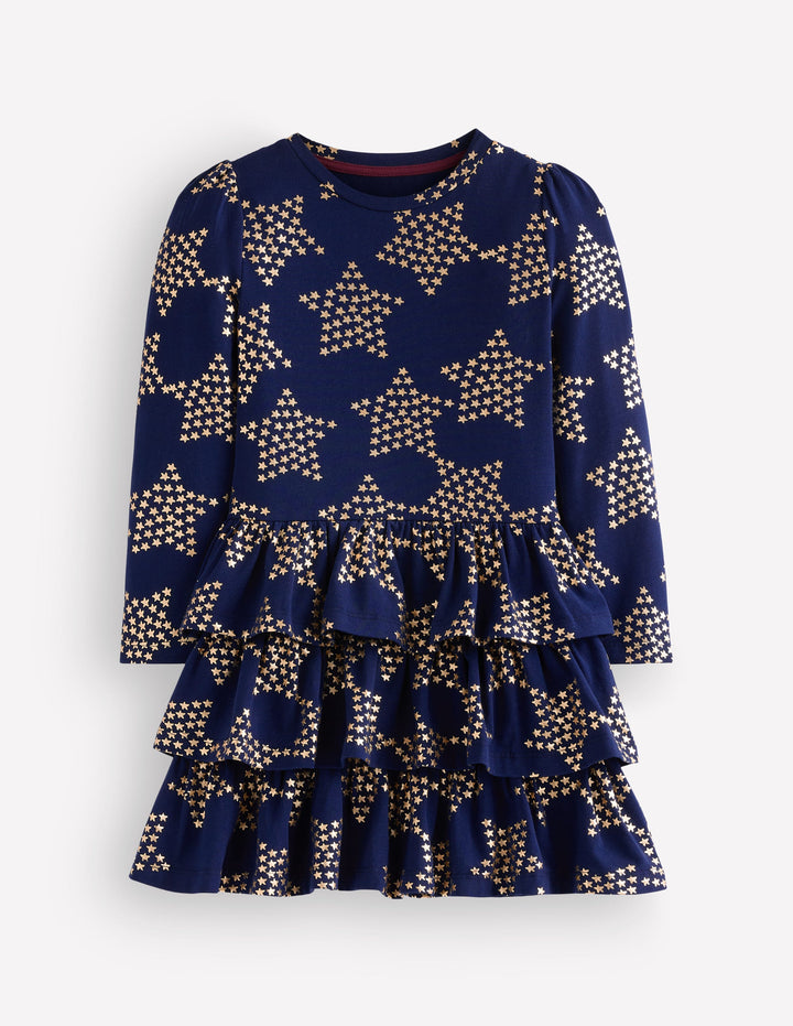 Robe courte Cora style années 80 en jersey-Étoiles métallisées bleu marine