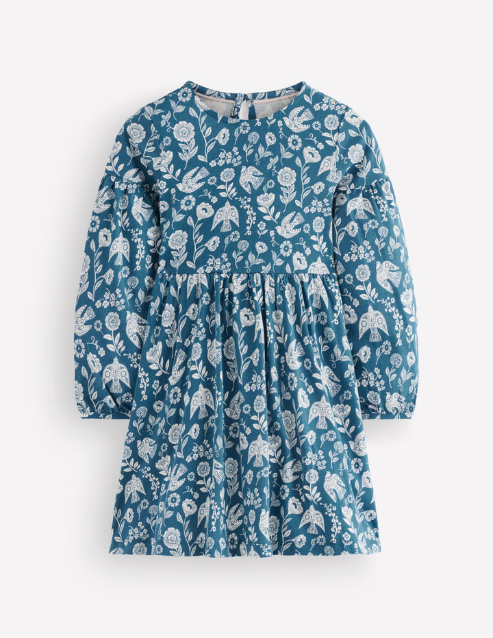 Madeline Kleid mit Blousonärmeln-Saphirblau Blumenmuster Vogel