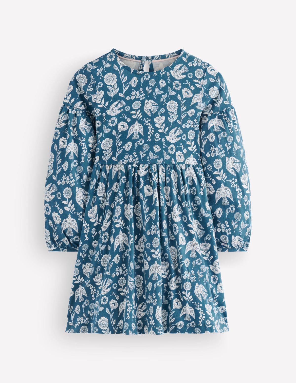 Madeline Kleid mit Blousonärmeln-Saphirblau Blumenmuster Vogel - Image 1