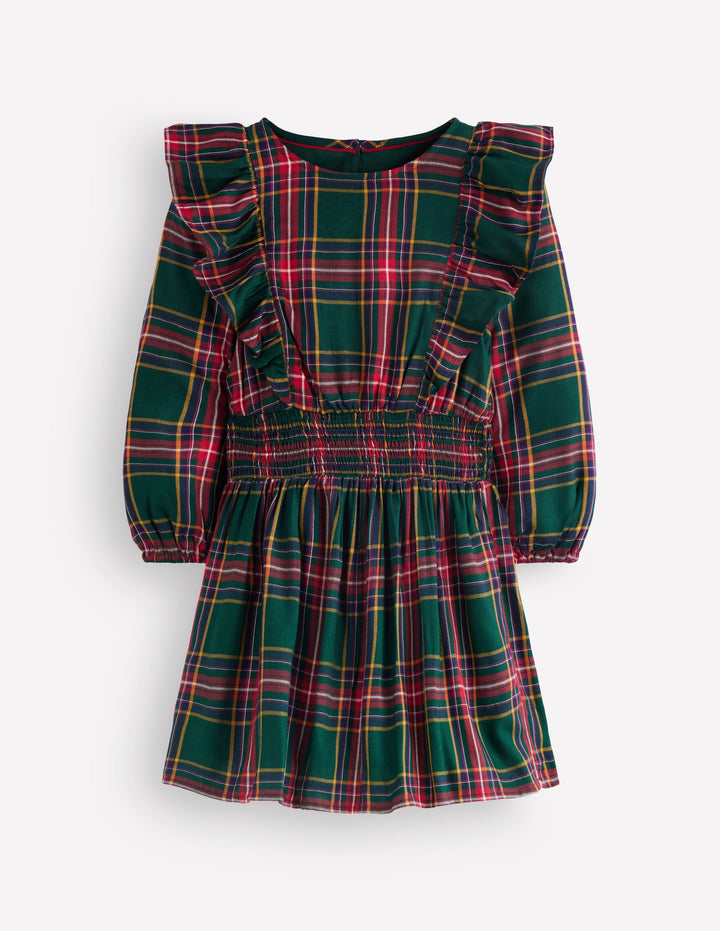 Rüschenkleid mit tiefer Taille-Grün/Rot Kariert