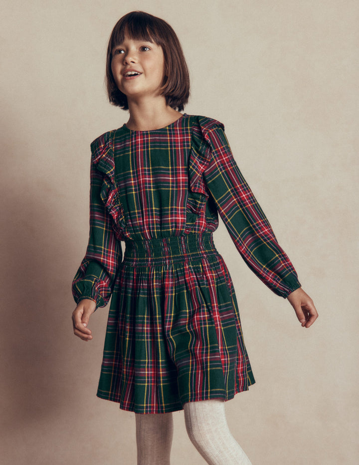 Rüschenkleid mit tiefer Taille-Grün/Rot Kariert