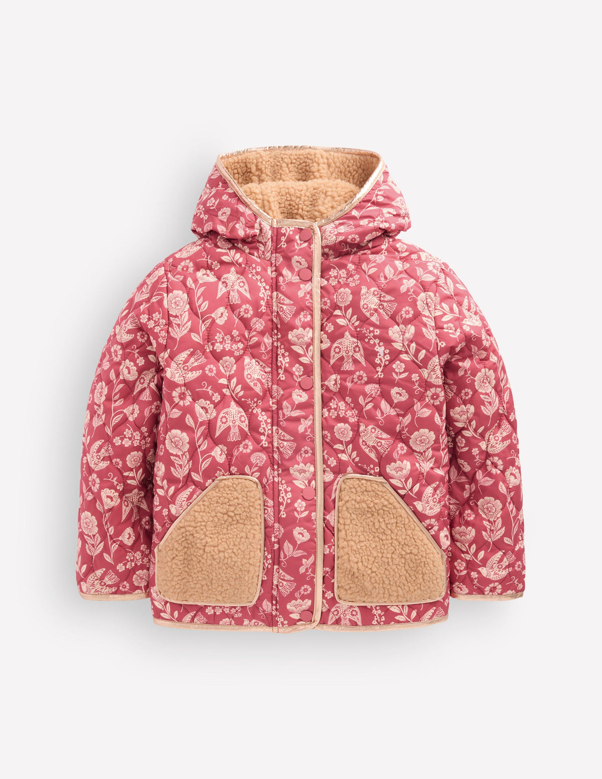 Wattierte Teddyfell-Jacke-Winter Puderrosa Blumenmuster Vögel-1