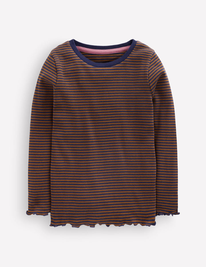 Geripptes Langarmshirt-Marineblau/Camel Streifen