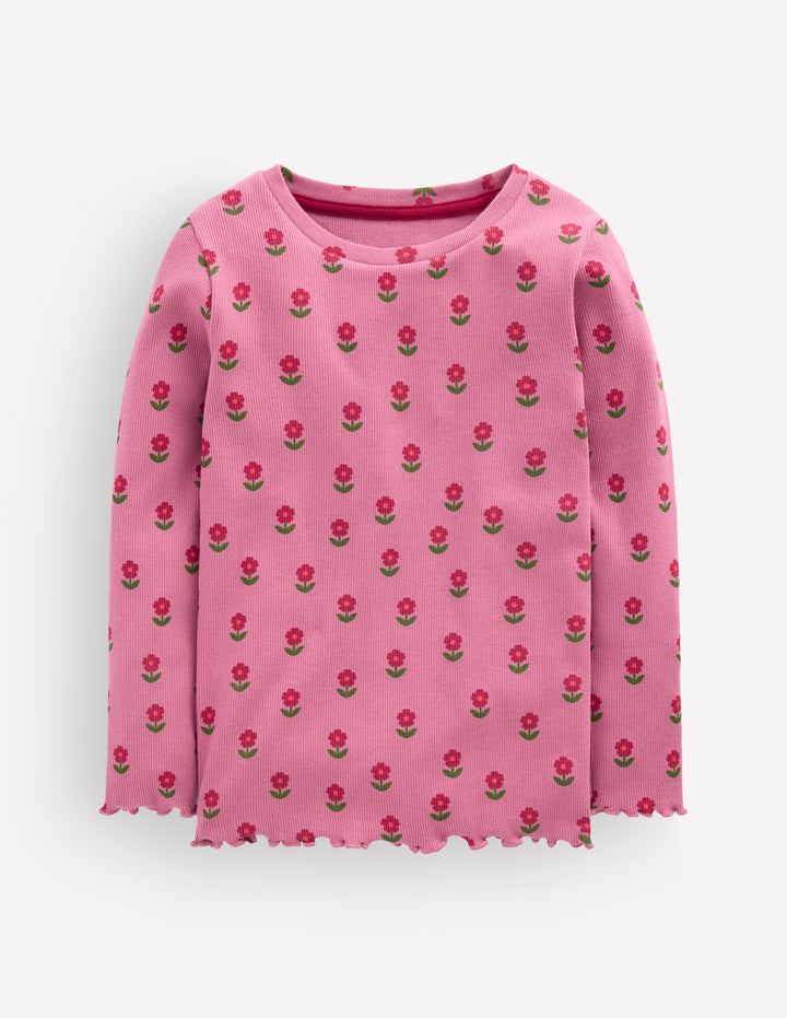 Geripptes Langarmshirt-Pink Geblümt
