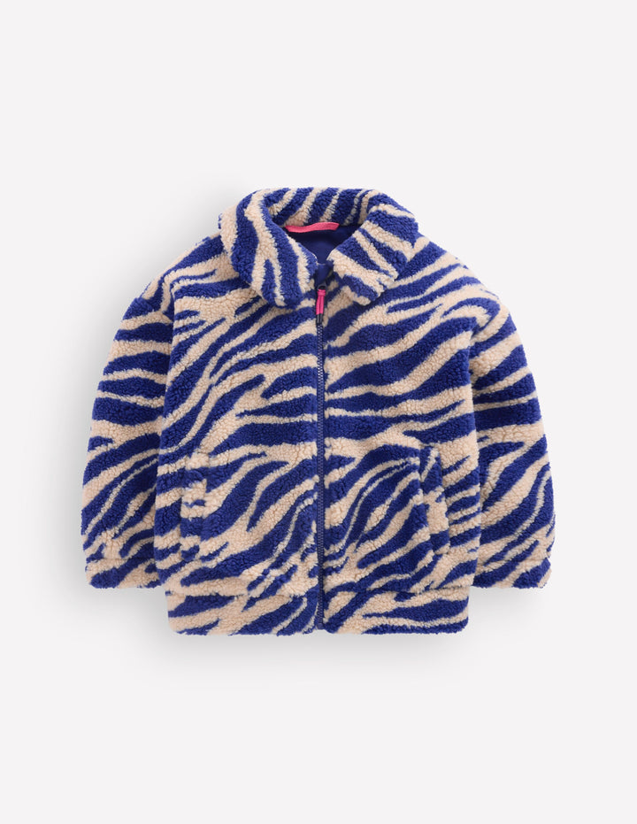 Teddyfelljacke mit Kragen-Teddyfell Zebramuster und Marineblau