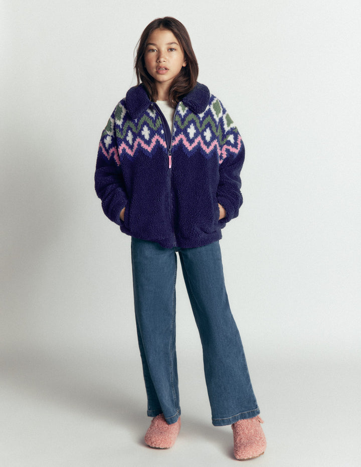 Teddyfelljacke mit Kragen-Navy mit Fair Isle