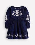 Robe Celia à manches évasées-Broderie en velours côtelé bleu marine