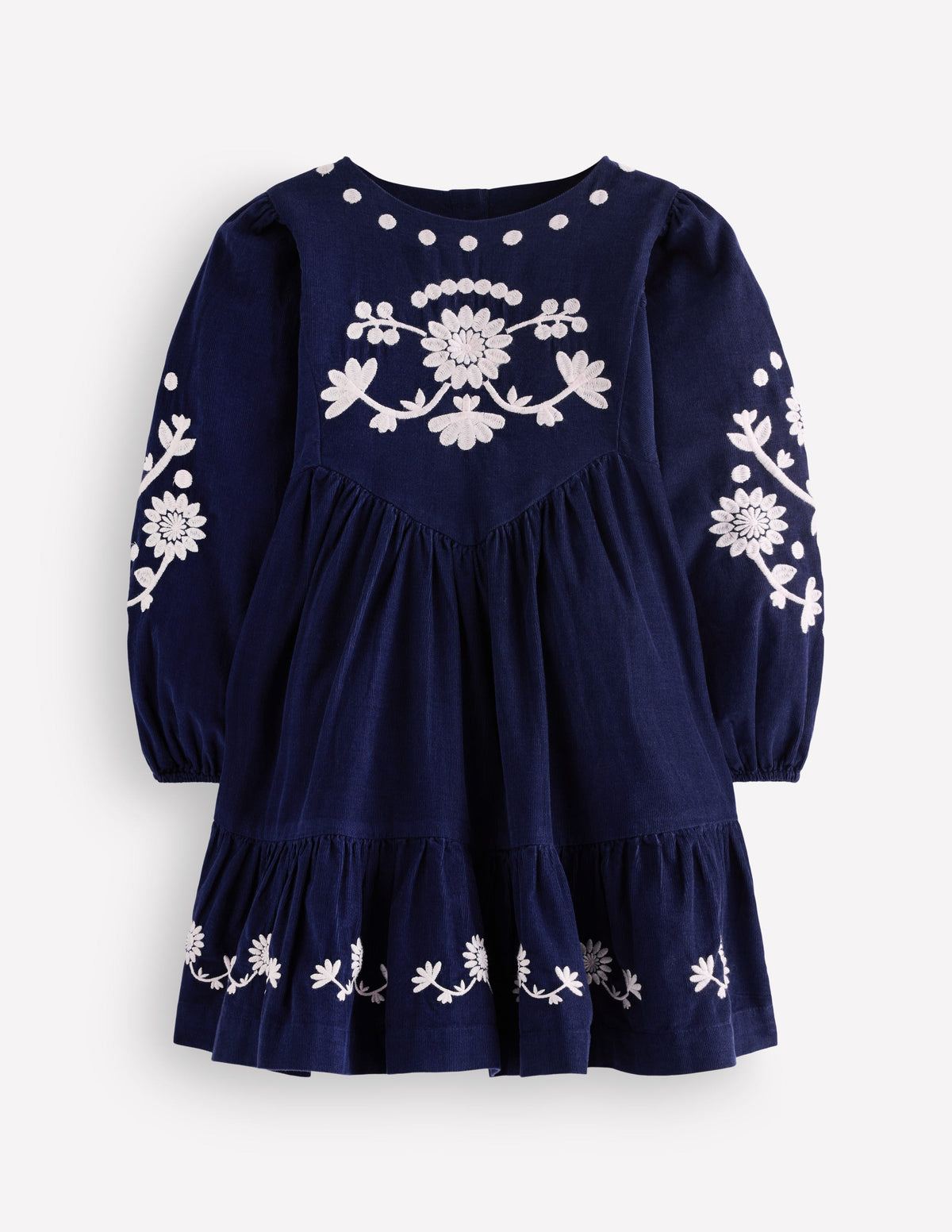 Robe Celia à manches évasées-Broderie en velours côtelé bleu marine-1