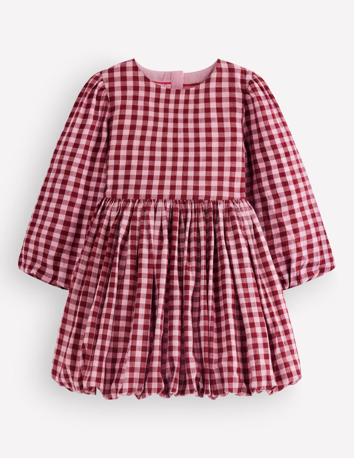 Langärmliges Kleid mit Ballonsaum-Rot Kariert
