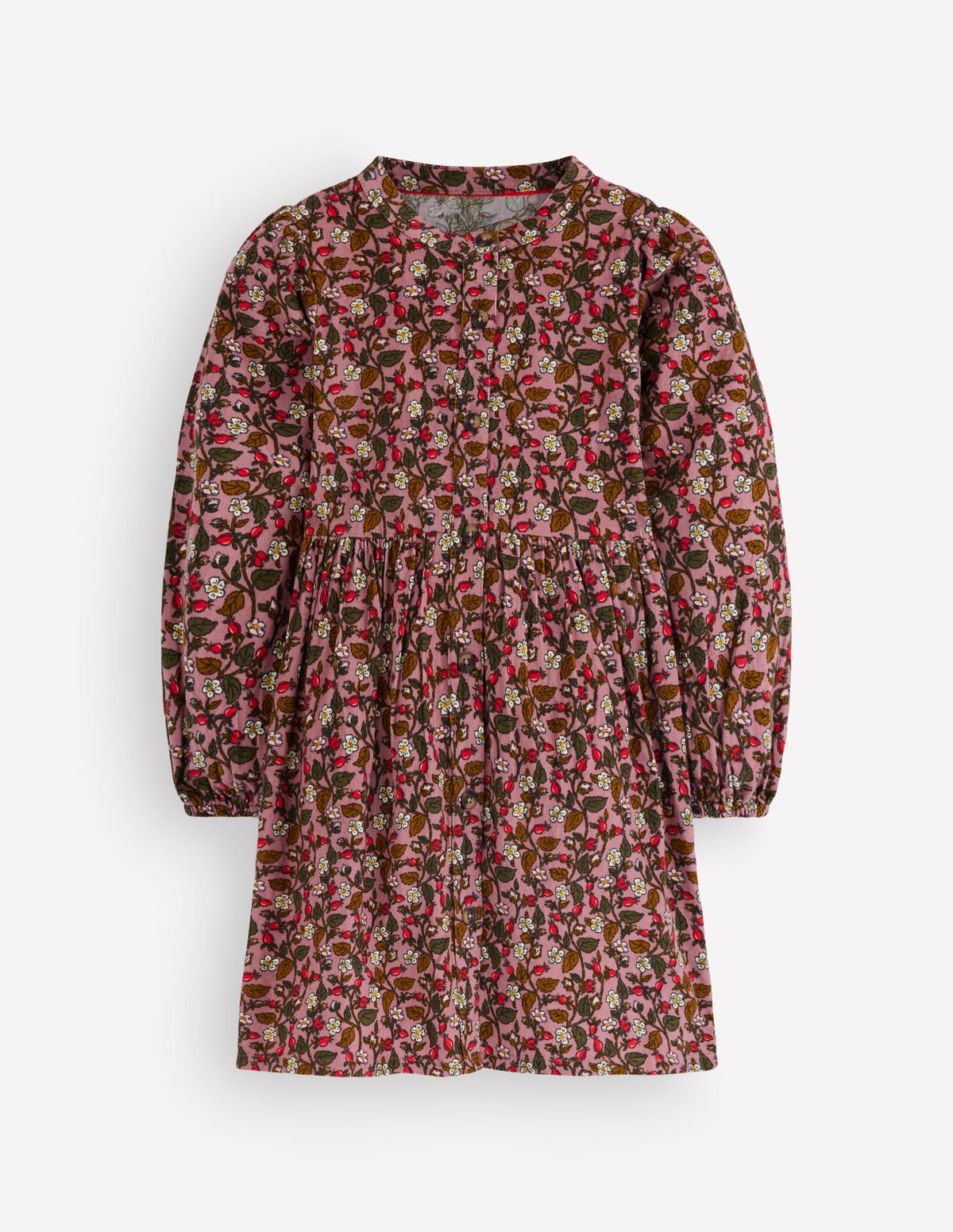 Betsy Gewebtes Kleid mit Puffärmeln-Rosa Blumenmuster Cord-1
