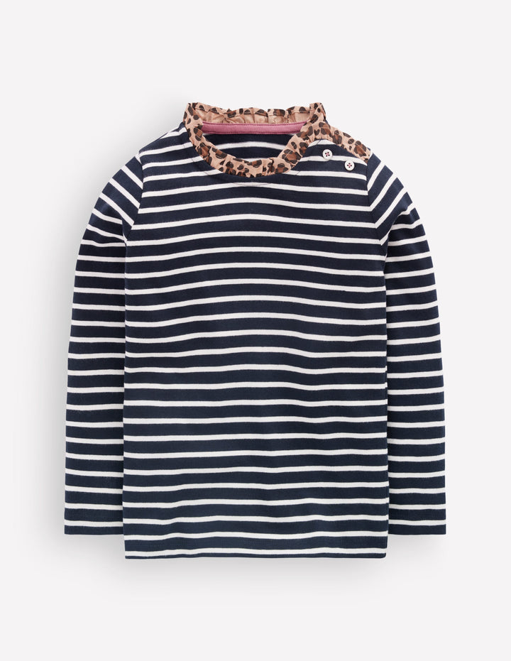 Bretonshirt mit Rüschenausschnitt-Marineblau/Sanftes Naturweiß Streifen