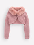 Verkürzte Strickjacke mit Kunstfellbesatz-Rosa Glitzer