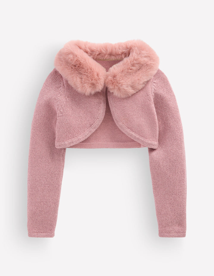 Verkürzte Strickjacke mit Kunstfellbesatz-Rosa Glitzer