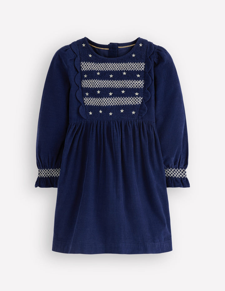 Robe smockée et scintillante en velours côtelé-Étoiles bleu marine universitaire