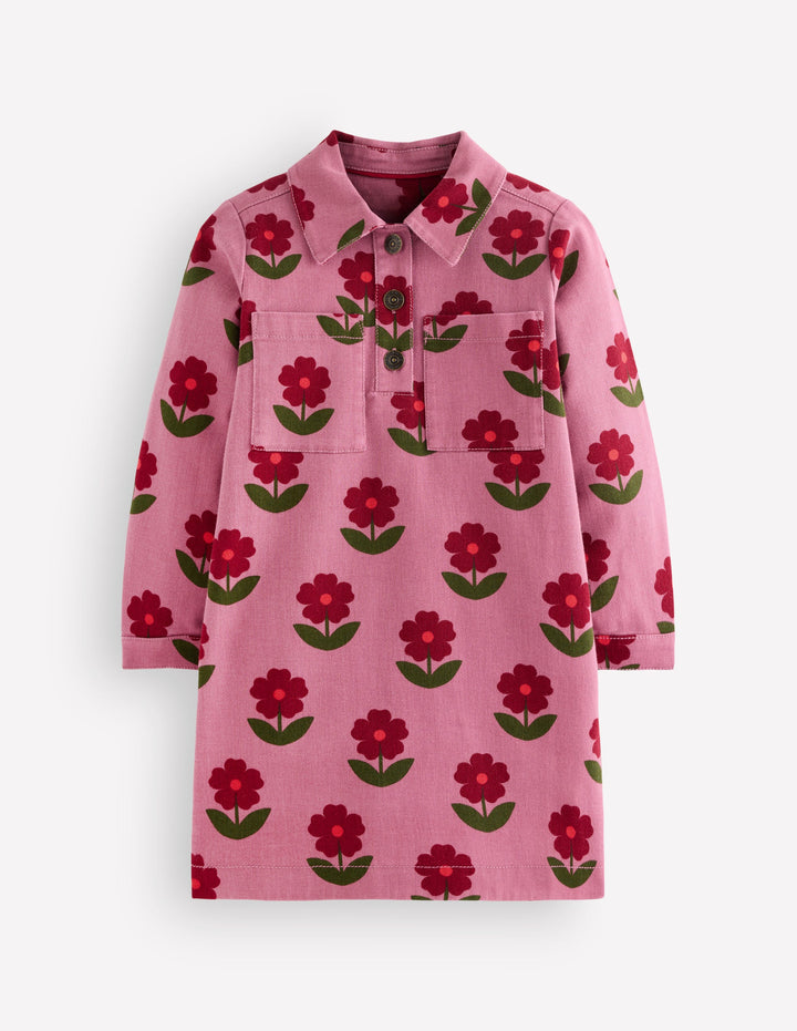 Hemdblusenkleid mit Kragen-Rosa Blütenstempel