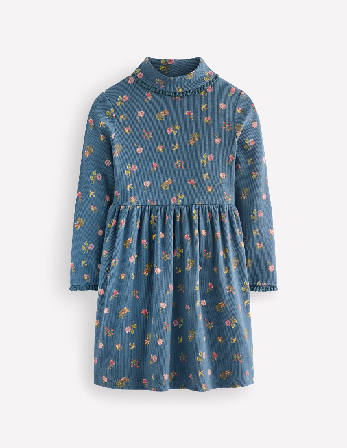 Robe côtelée à col montant-Bleu à Fleurs - Image 1