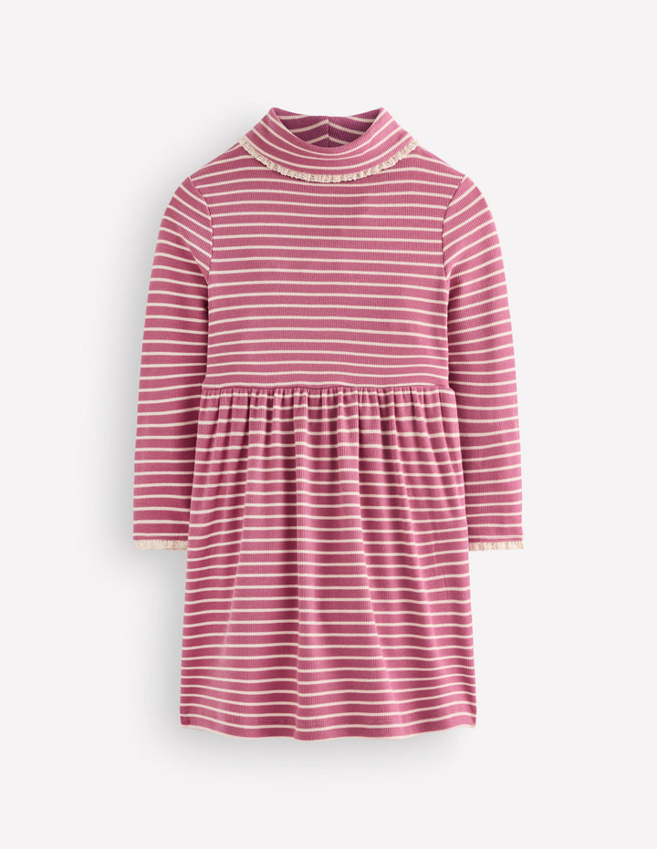 Hochgeschlossenes Rippstrickkleid-Rosa mit Streifen