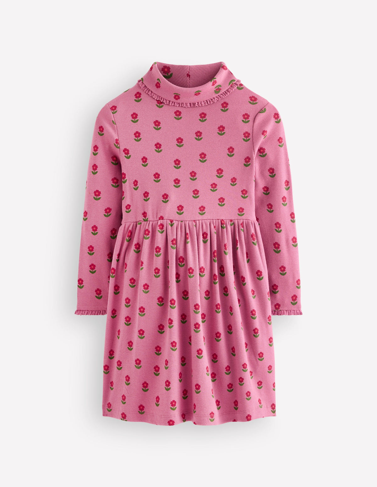 Hochgeschlossenes Rippstrickkleid-Rosa Blütenstempel-2