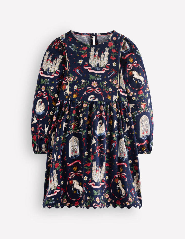 Robe Mabel tournoyante et scintillante-Imprimé château bleu marine