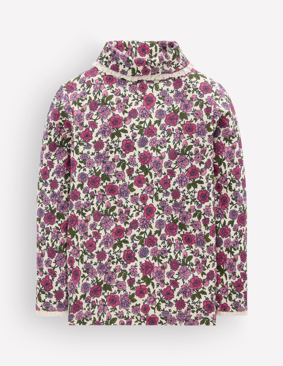 Lace Trim Roll Neck Top-Ivory/Pink Floral - Image 1