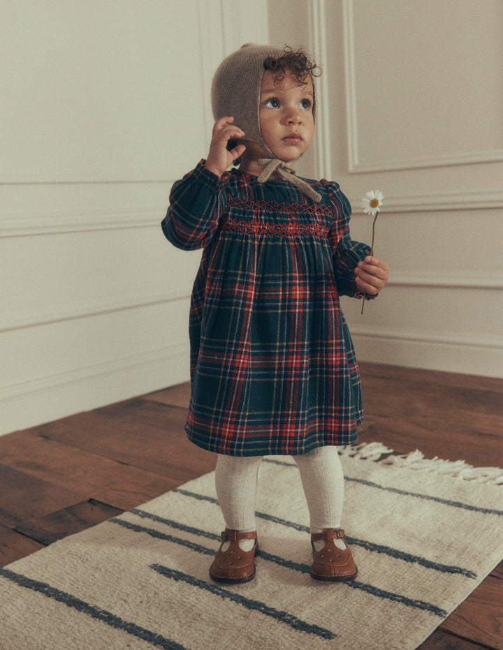 Robe de cérémonie à smocks-Carreaux traditionnels vert