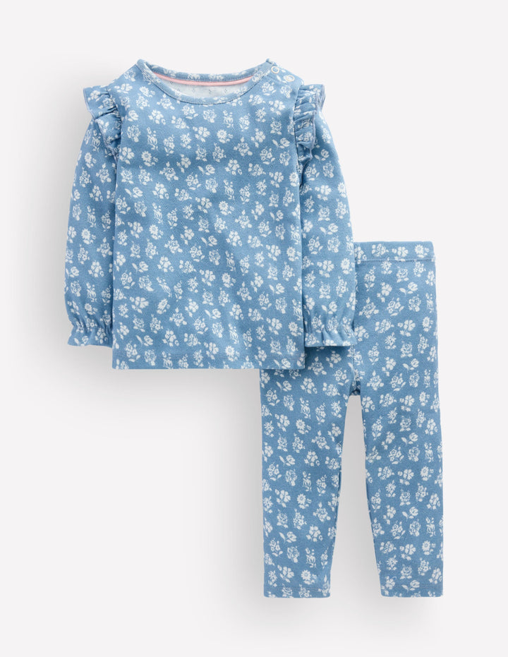 Pointelle-Set aus Baumwolle-Gletscherblau Kleines Blumenmuster