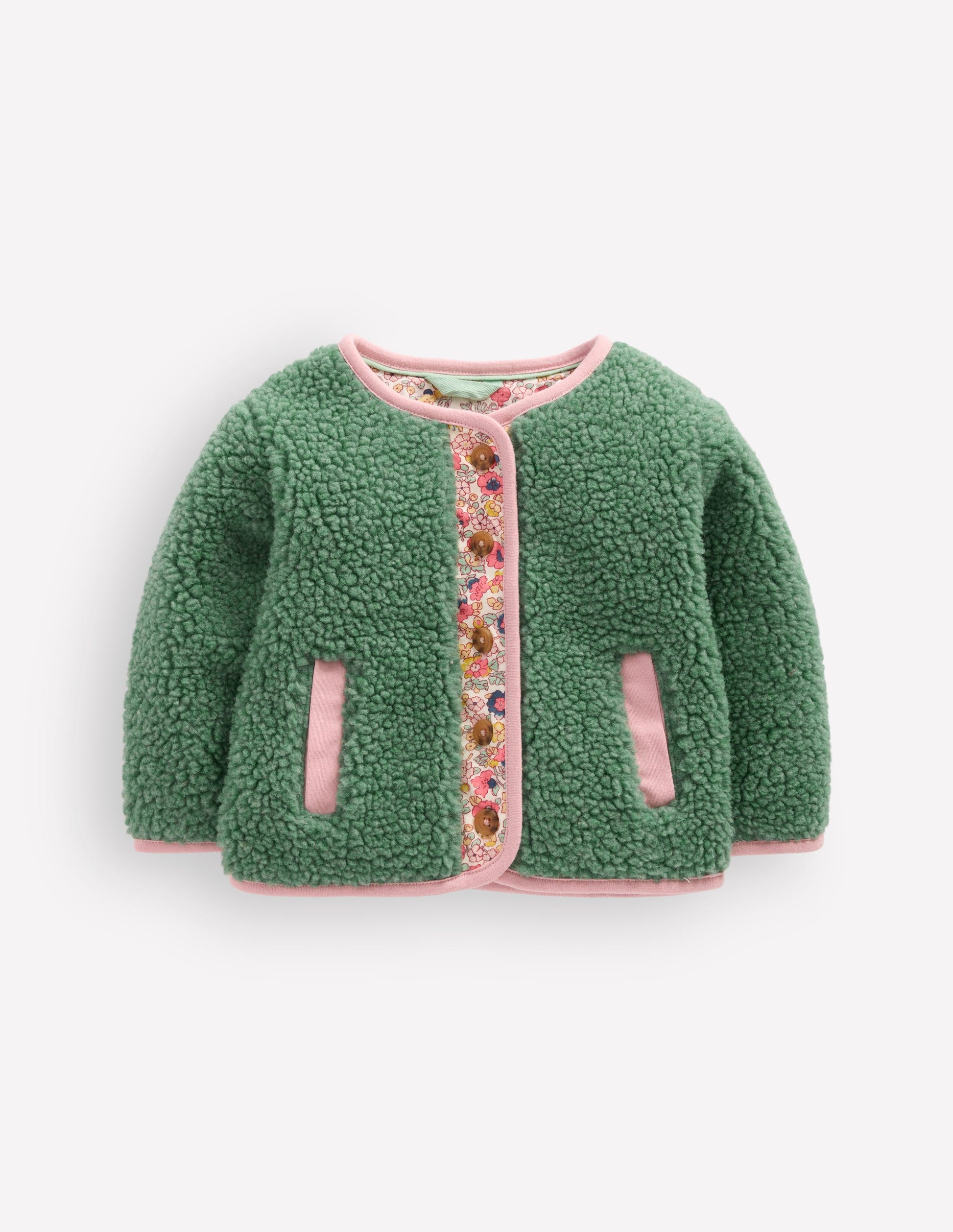 Veste cosy boutonnée en borg-Vert mélèze à fleurs-1