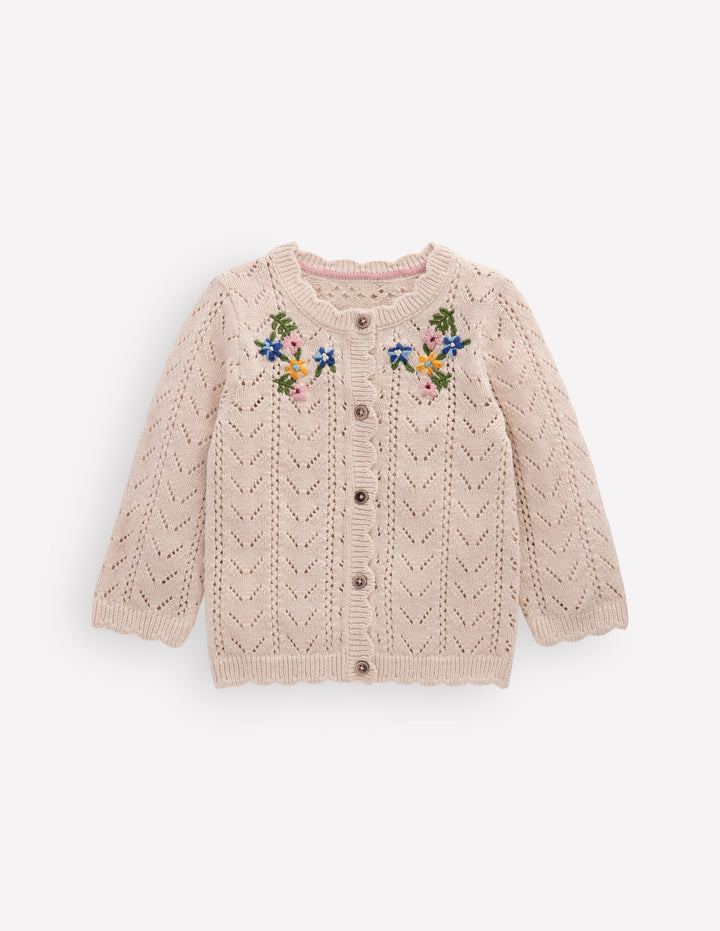 Bestickte Baumwoll-Strickjacke-Beige Meliert Kleine Stickereien