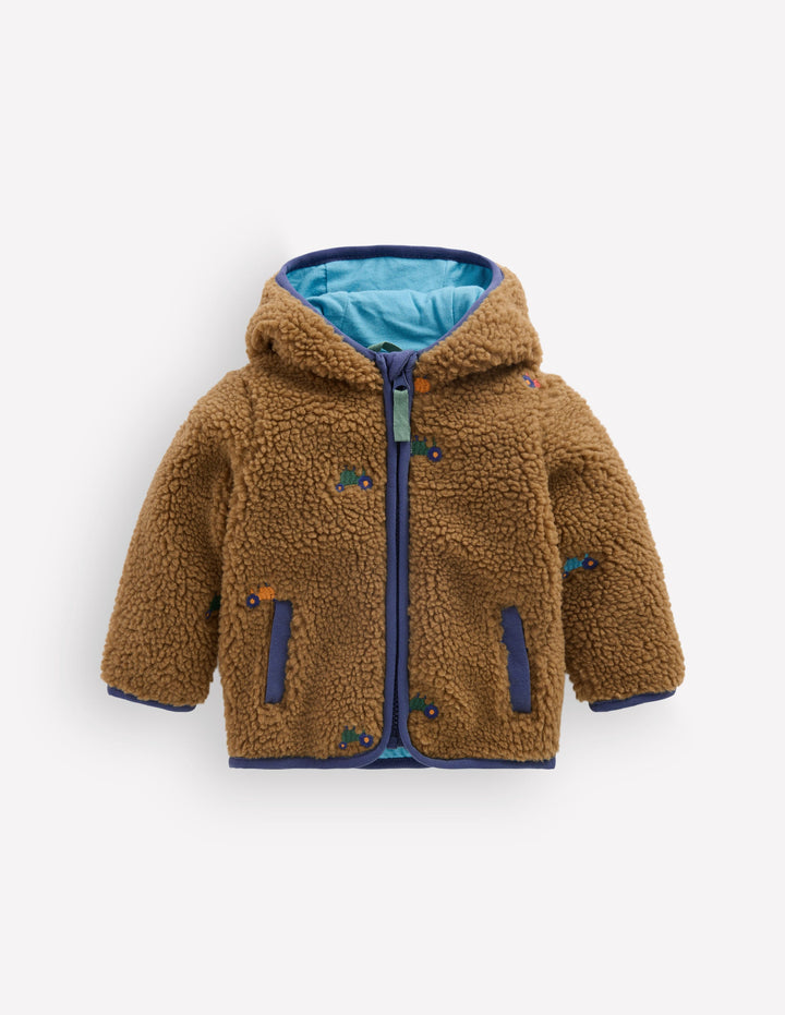 Bestickte Teddyfelljacke-Braun Bunt Traktoren