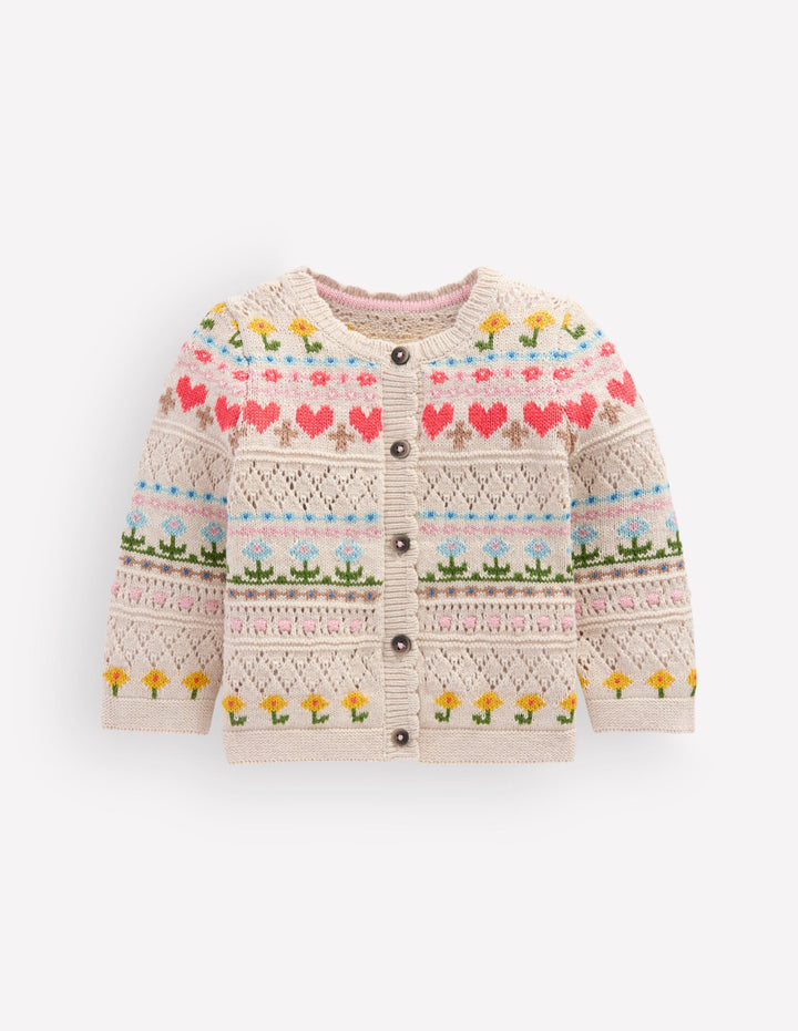 Fair-Isle-Strickjacke aus Baumwolle-Haferbeige Meliert Bunt Blumen