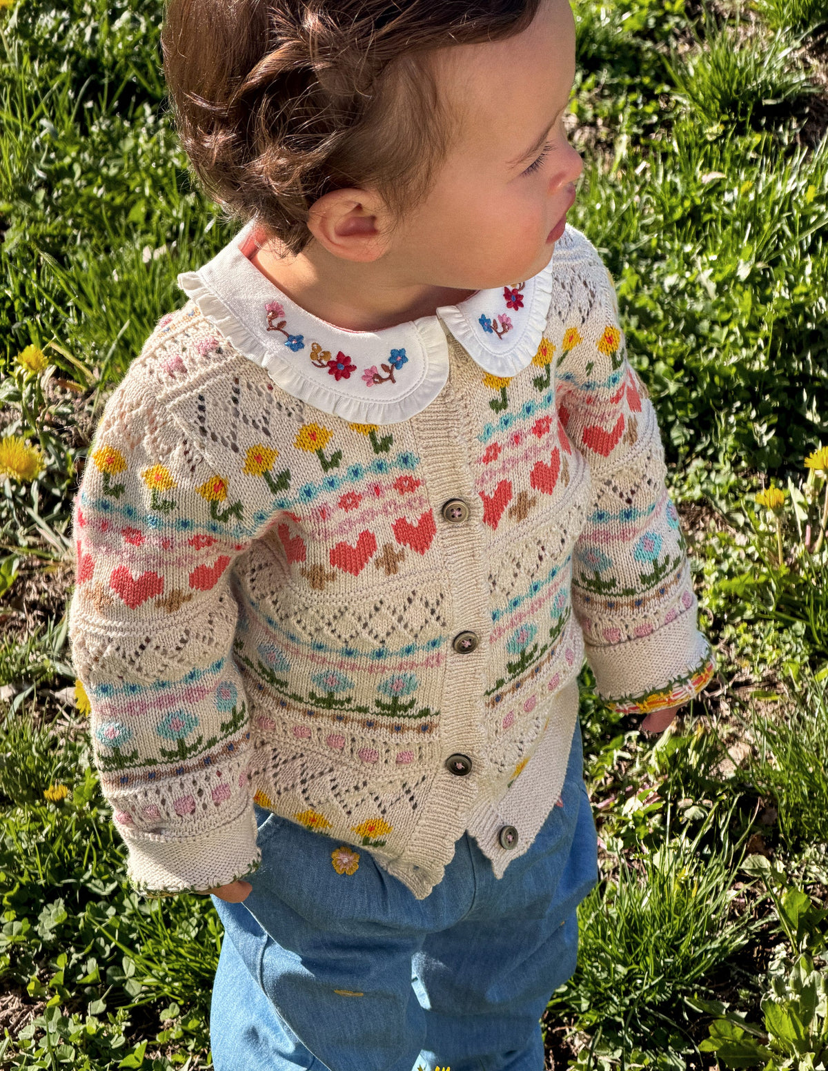 Cardigan motif jacquard en coton-Fleurs multi avoine chiné - Image 4
