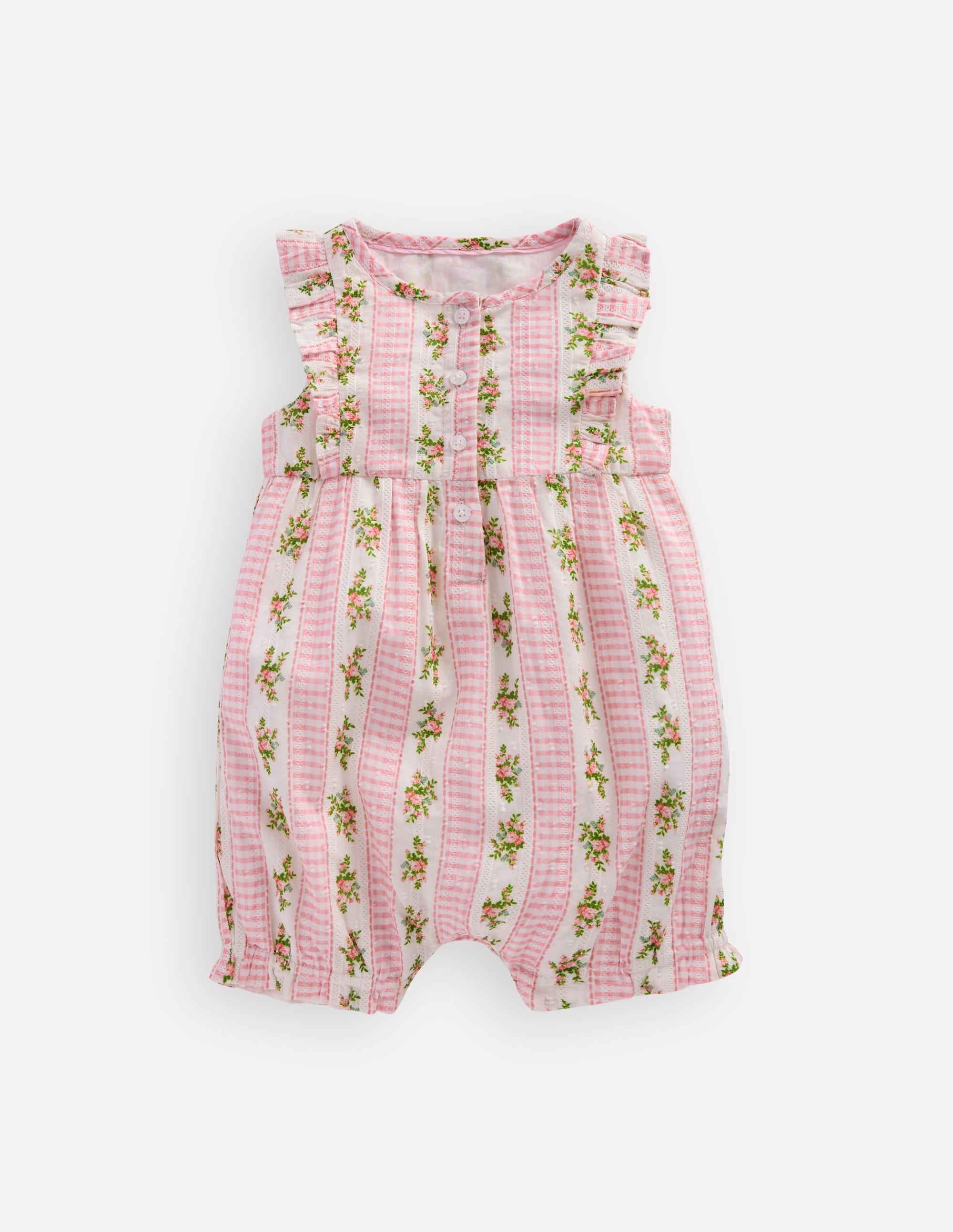 Short Frill Bubble Romper-Pink Gingham Floral - Image 1