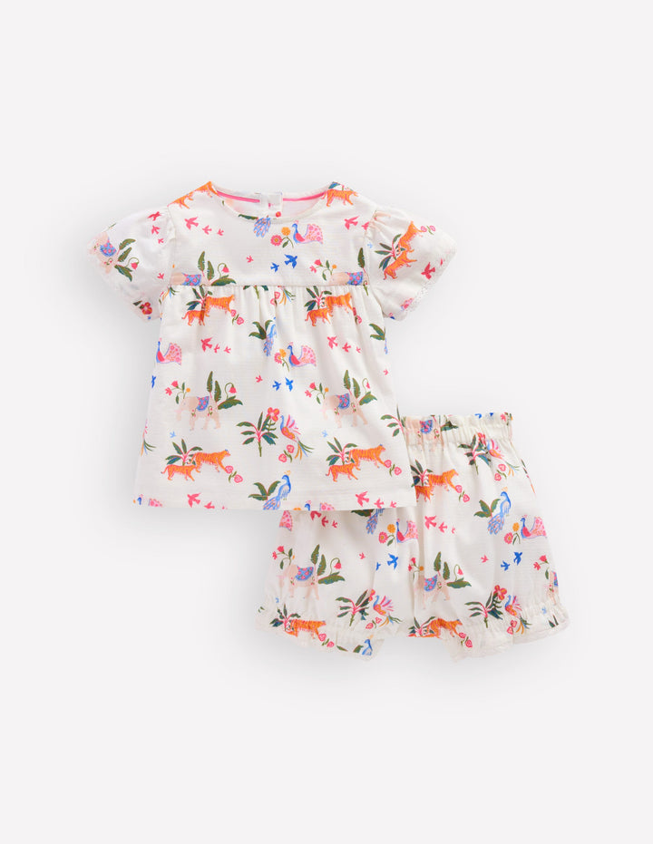 Ensemble avec short bouffant tissé-Petit motif animaux tropicaux ivoire
