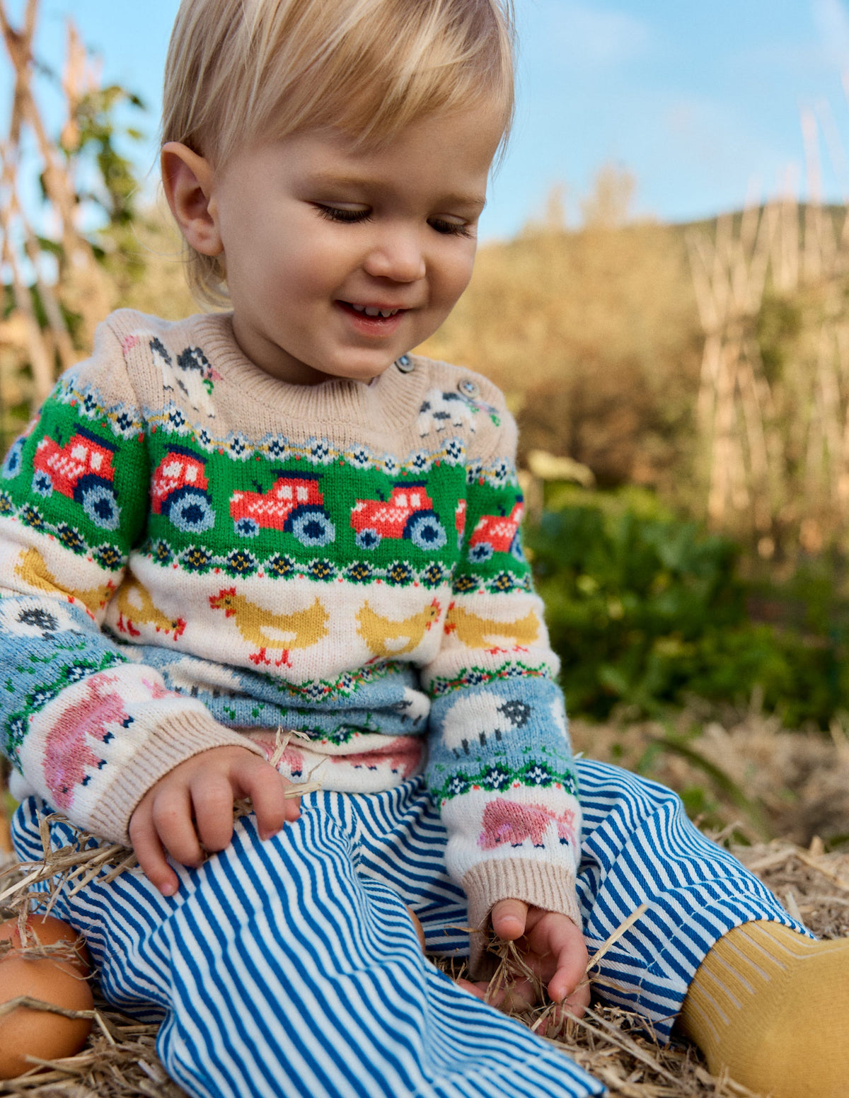 Baumwollhose zum Hineinschlüpfen-Blau und Naturweiß Gestreift-4
