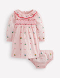 Besticktes Kleid mit Smok-Arbeit-Rosa Buntes Blumenmuster Herzchen