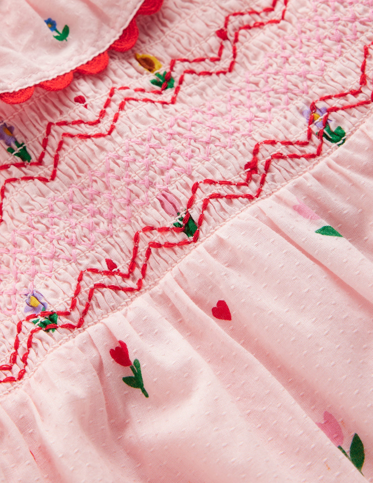 Besticktes Kleid mit Smok-Arbeit-Rosa Buntes Blumenmuster Herzchen - Image 3