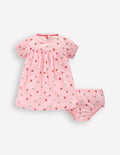 Gerafftes, gewebtes Kleid-Rosa Erdbeermuster Streifen
