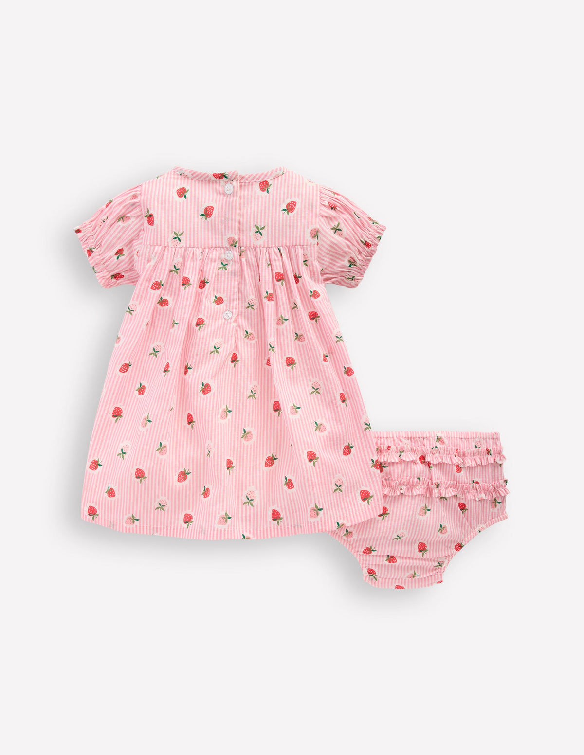 Gerafftes, gewebtes Kleid-Rosa Erdbeermuster Streifen - Image 2