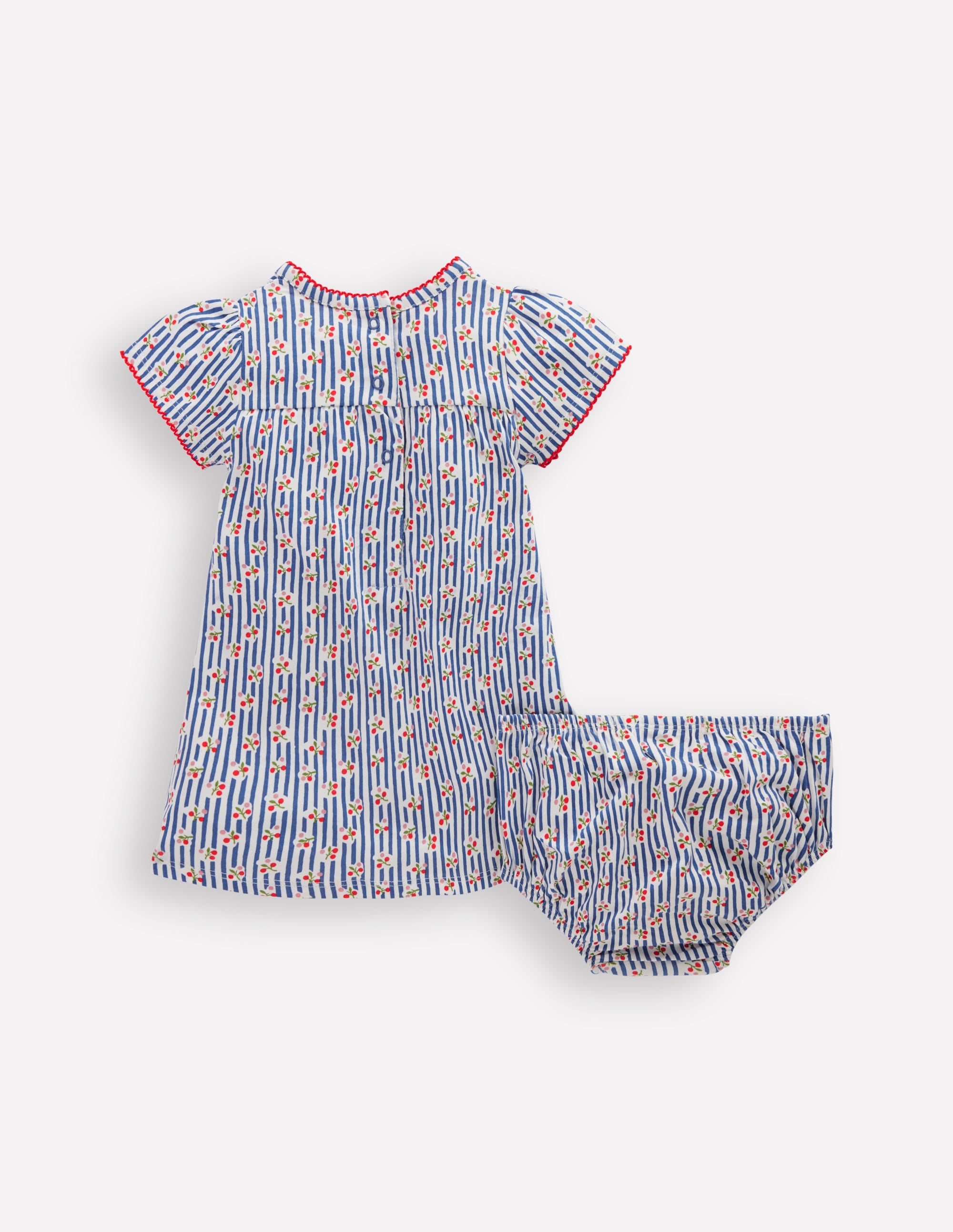 Gerafftes Jerseykleid-Blauhäher Kirschen Streifen - Image 2