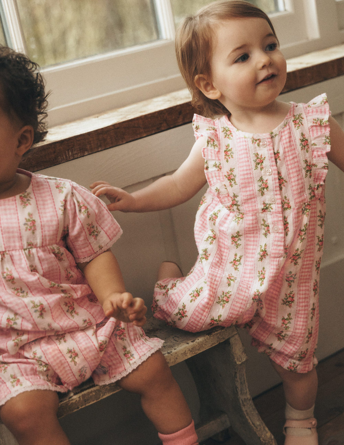 Short Frill Bubble Romper-Pink Gingham Floral - Image 4