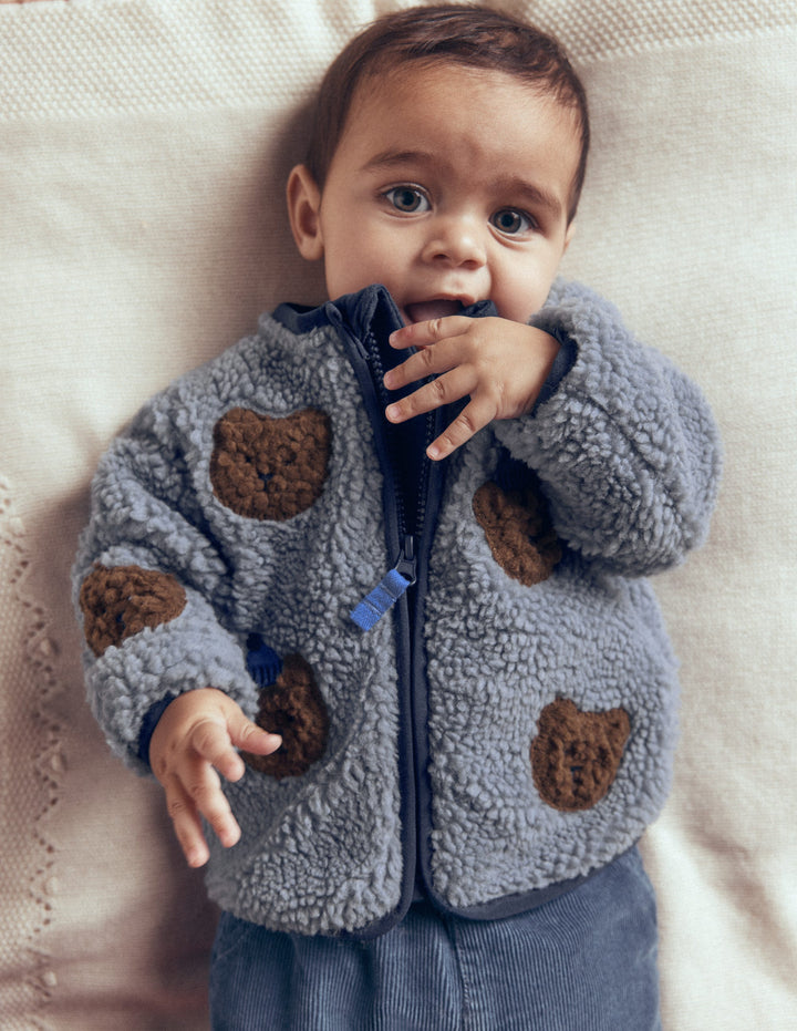 Kuschelige Teddyfell-Jacke-Blau Bären-Applikation