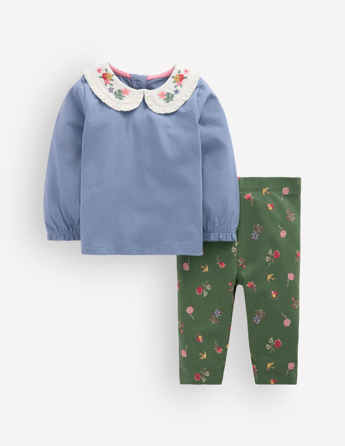 Ensemble à col en jersey-Motif floral bleu français et vert - Image 1